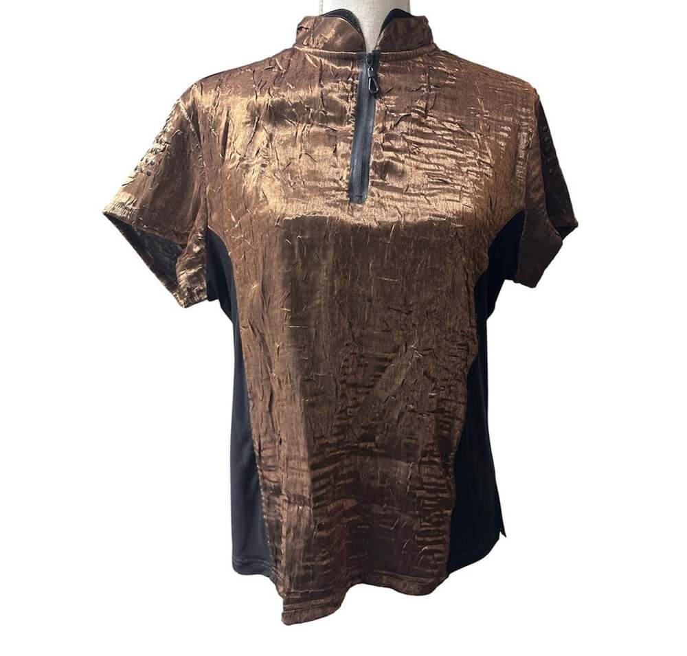 Jamie Sadock Women's Size Medium M Brown Metallic 1/4 Zip Short Sleeve Top Rayon